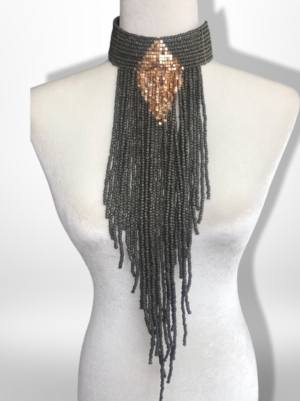 Black & Gold Beaded Fringe Collar Necklace Statement Piece 14-17” - Picture 1 of 8